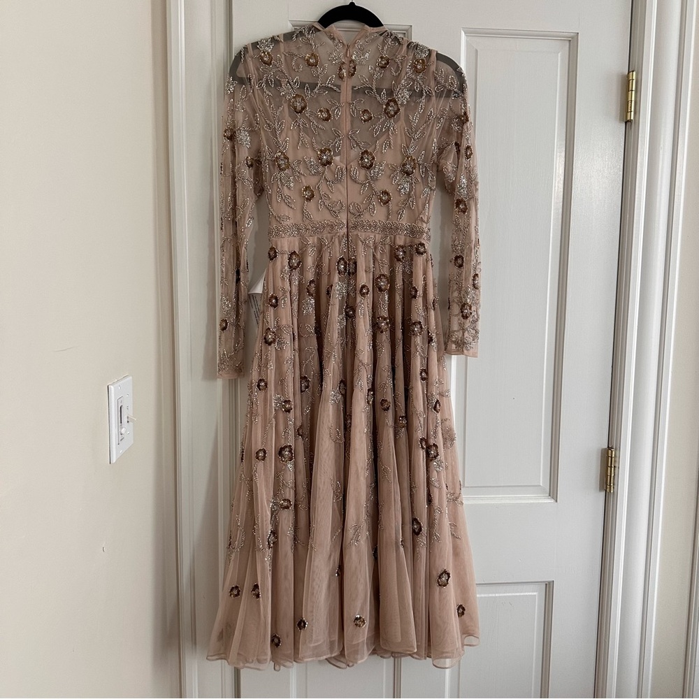 NEW sz 6 Mac Duggal Beige Beaded Illusion High Neck Long Sleeve A Line Dress - Picture 3 of 4